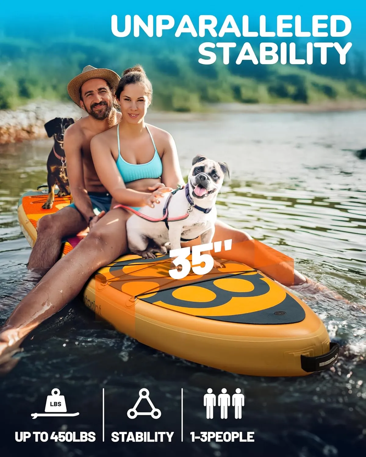 11'635" Super Wide Inflatable Stand Up Paddle Board, Ultra Stable Wide SUP for 2 1 People/Family/Big Size, 100L Backpack, All-Round Sup Board, US Big Fin