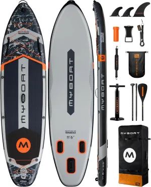 11'6"34"6" Extra Wide Inflatable Paddle Board, Stand Up Paddle Board for Fishing, Sup Board with 3 Removable Fins, Dual Bungees, Camera Mount, Hand Pump, Strong Paddle, 5L Dry Bag, Leash