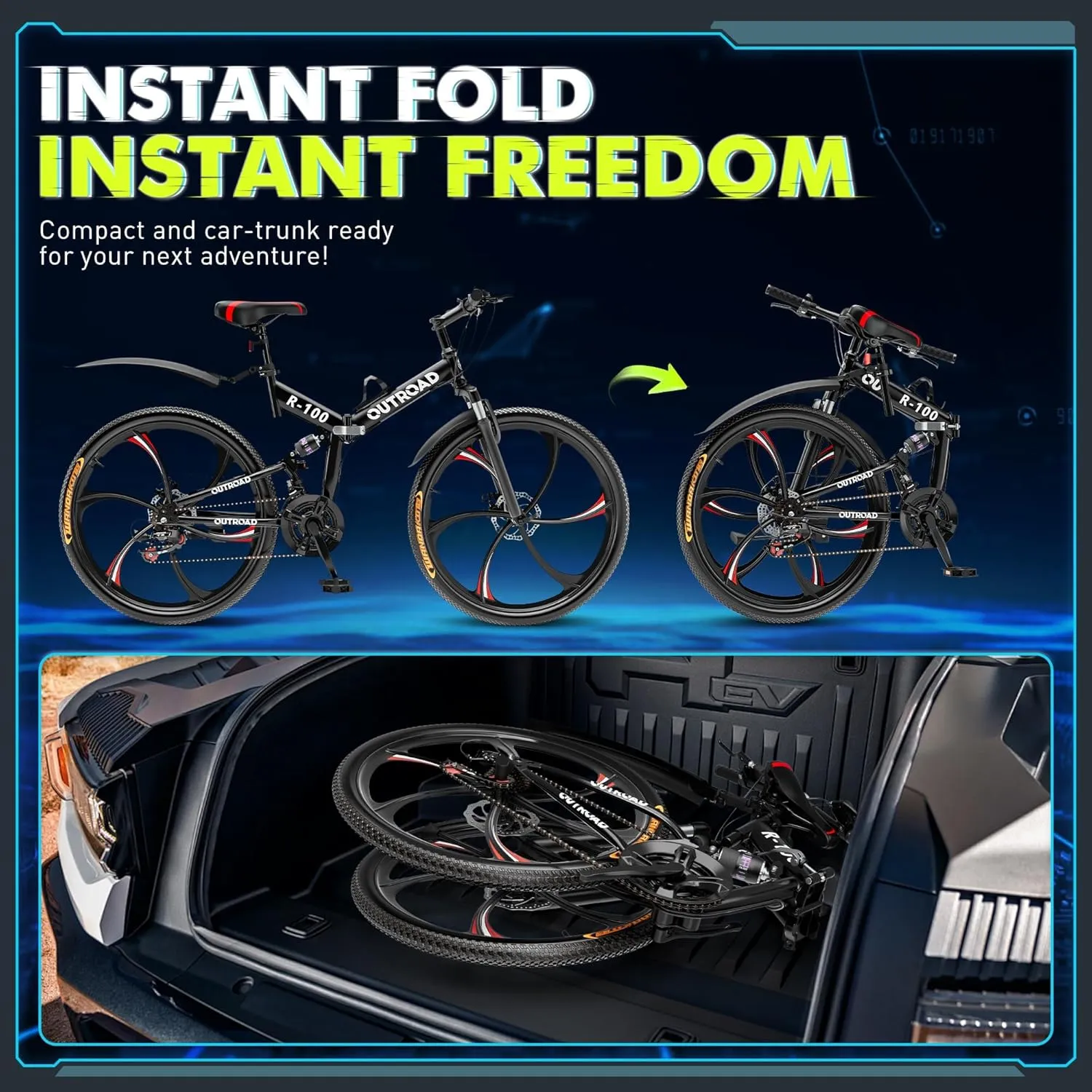 26 Inch Folding Mountain Bike, 21 Speed Full Suspension Bicycle with High-Carbon Steel, Dual Disc Brake Non-Slip Quick Release tire Folding Bicycle for Adults/Men/Women