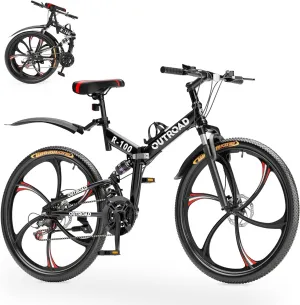 26 Inch Folding Mountain Bike, 21 Speed Full Suspension Bicycle with High-Carbon Steel, Dual Disc Brake Non-Slip Quick Release tire Folding Bicycle for Adults/Men/Women