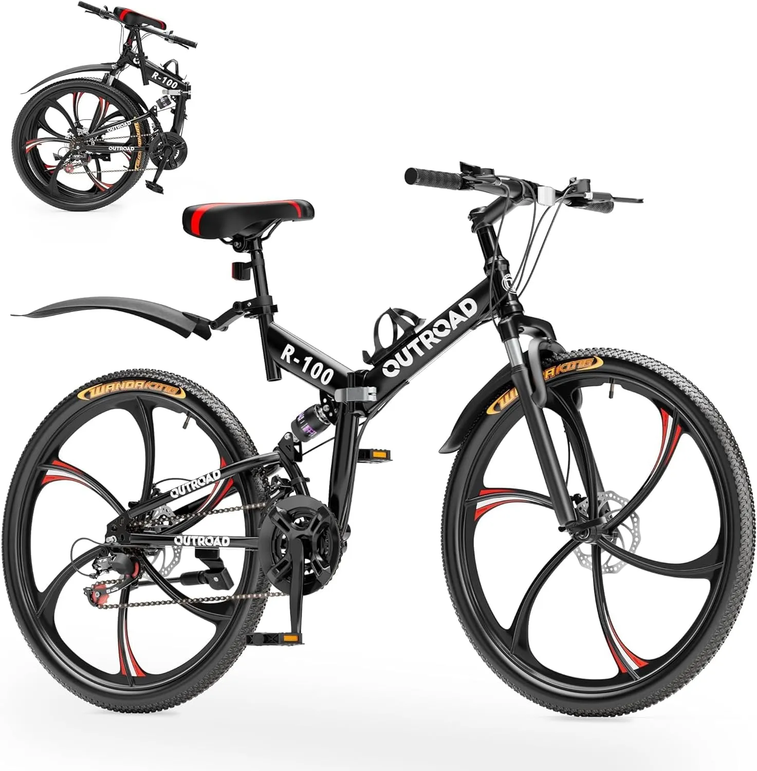 26 Inch Folding Mountain Bike, 21 Speed Full Suspension Bicycle with High-Carbon Steel, Dual Disc Brake Non-Slip Quick Release tire Folding Bicycle for Adults/Men/Women