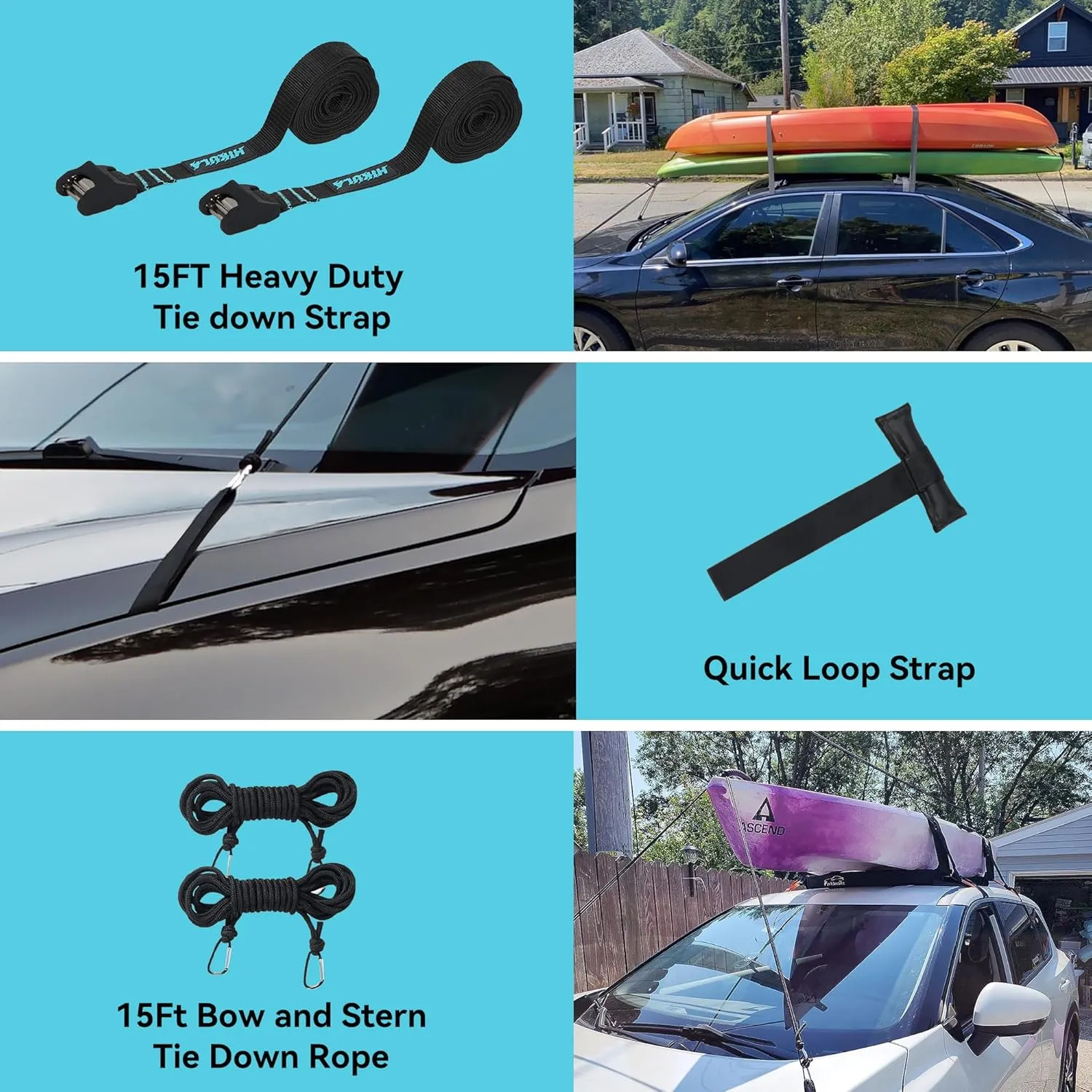 31''Soft Roof Rack Pads for Various Crossbars with Two 15' Premium Scratch Resistant Silicone Buckle, PP Rope,Quick Loop and Storage Bag, for SUPs, Surfboards, Kayaks, Canoes Includes Storage Bag