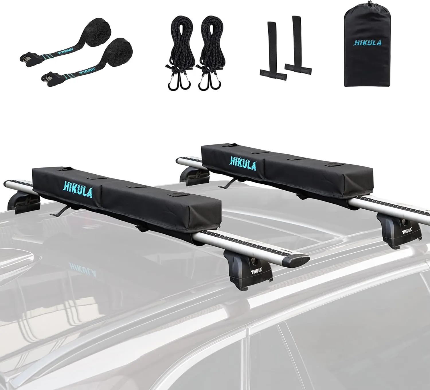 31''Soft Roof Rack Pads for Various Crossbars with Two 15' Premium Scratch Resistant Silicone Buckle, PP Rope,Quick Loop and Storage Bag, for SUPs, Surfboards, Kayaks, Canoes Includes Storage Bag