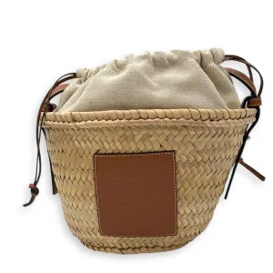 Anagram Basket Beige Bucket Bag in Raffia, Silver hardware