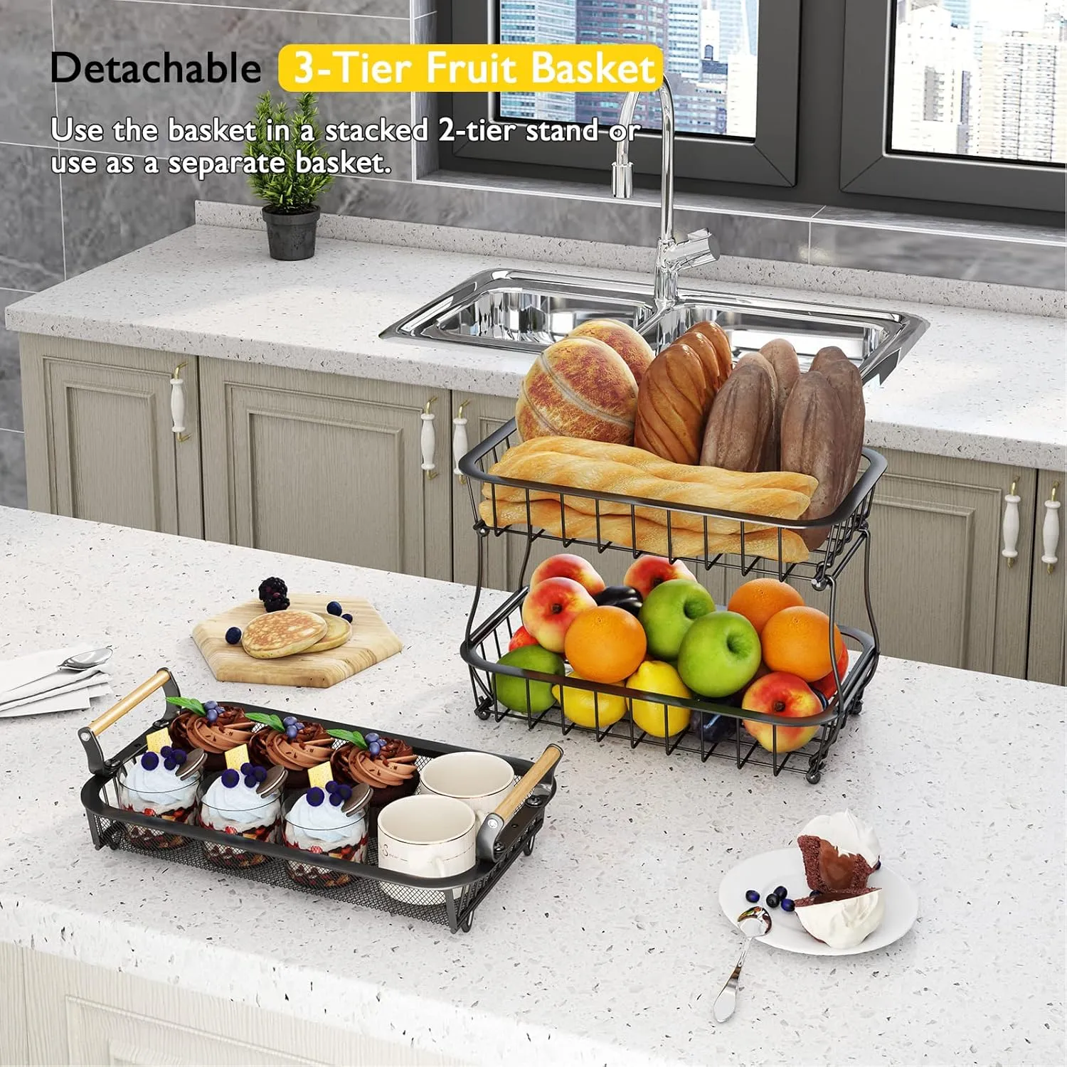 ANTOPY 3 Tier Fruit Basket with 2 Banana Hangers, Countertop Fruit Vegetable Basket Bowl for Kitchen Counter Metal Mesh Basket Fruits Stand Produce Holder Organizer for Onion Potato Bread Snack Veggie