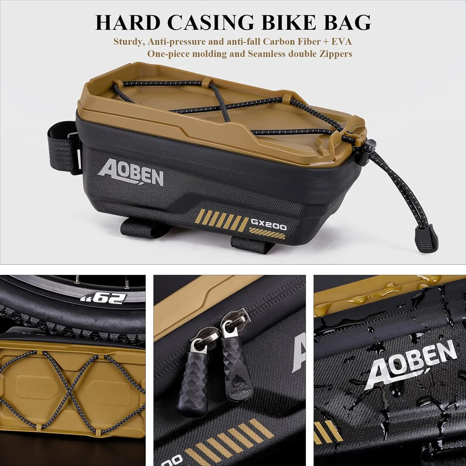 Bike Bicycle Phone Front Frame Bag for Mountain Bike Road Bike, EVA Hard Casing Bike Phone Holder Bike Phone Mount for MTB, Bike Bicycle Accessories for Cell Phone Under 6.8 Inches (Tan)