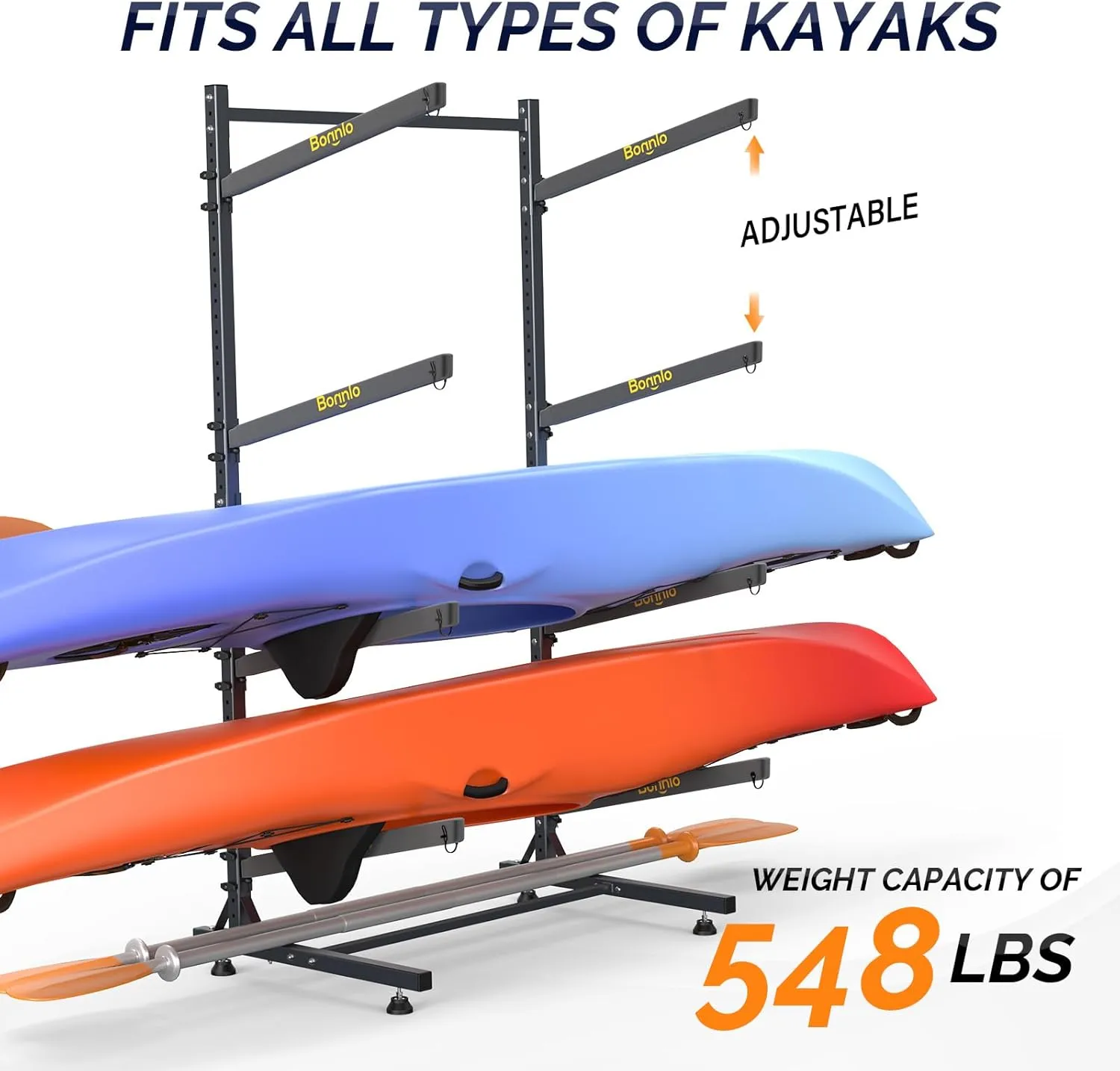 Bonnlo Kayak Storage Rack, Adjustable Heavy Duty Kayak Rack for Kayaks Paddle Boards, Kayak Paddle Holder for Garage, Spacesaver, Gentle on Padding, Boat Organizer