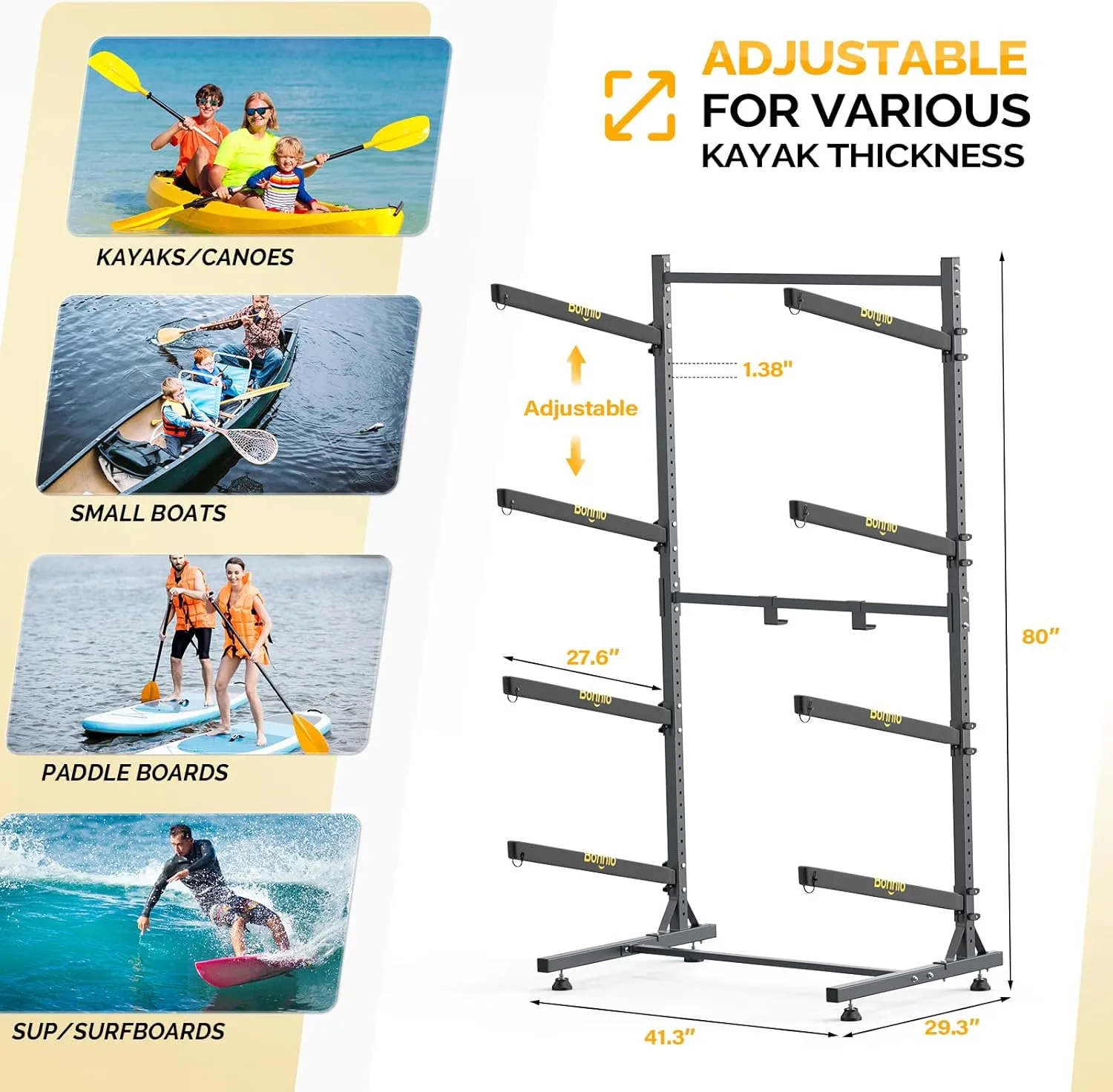 Bonnlo Kayak Storage Rack, Adjustable Heavy Duty Kayak Rack for Kayaks Paddle Boards, Kayak Paddle Holder for Garage, Spacesaver, Gentle on Padding, Boat Organizer