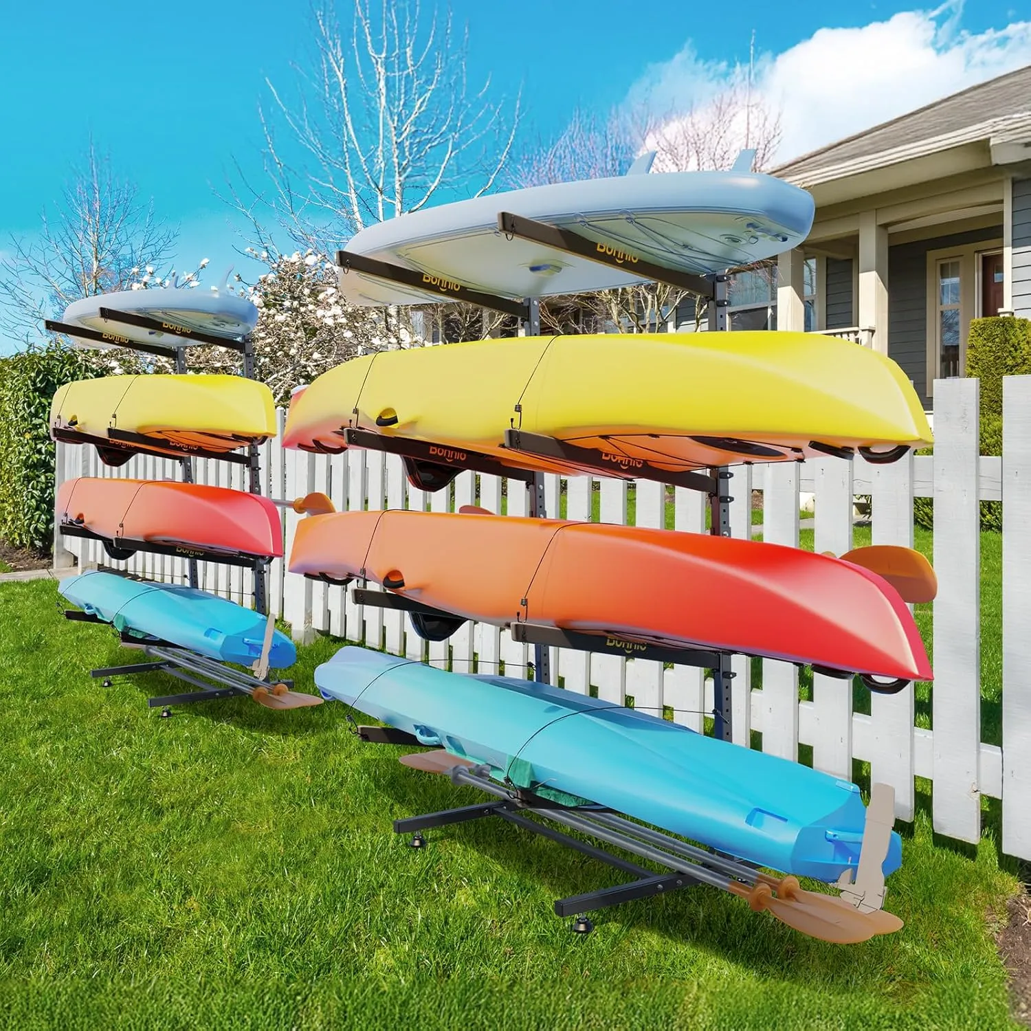 Bonnlo Kayak Storage Rack, Adjustable Heavy Duty Kayak Rack for Kayaks Paddle Boards, Kayak Paddle Holder for Garage, Spacesaver, Gentle on Padding, Boat Organizer