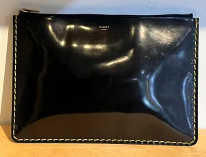 Celine Black Patent Leather Clutch with Gold Contrast Stitch