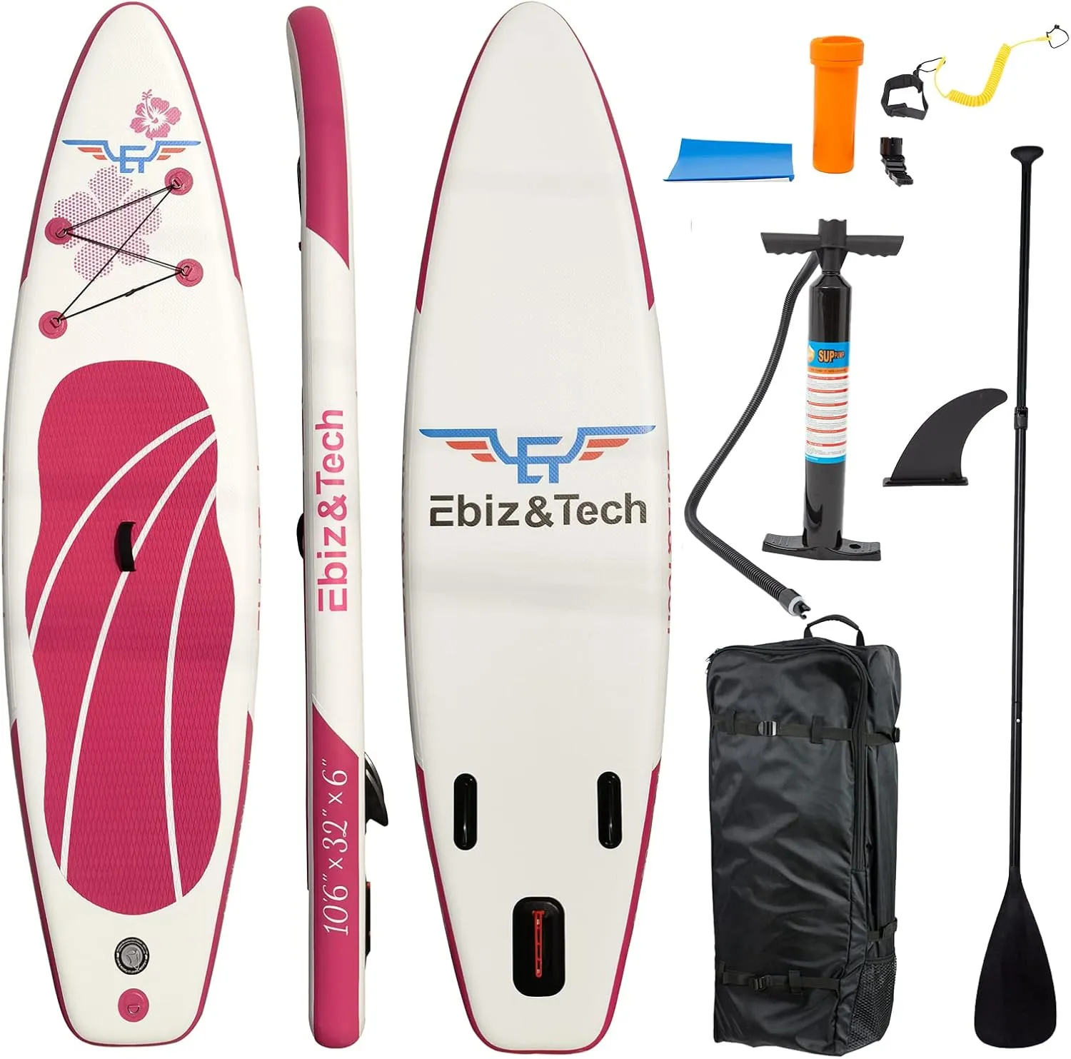 EBIZ&TECH Inflatable Stand Up Paddle Board 10'6'' *32''*6'' Ultra-Light SUP Paddle Board with Fins ,Adjustable Paddle, Backpack, Leash,Hand Pump,Repair Kit