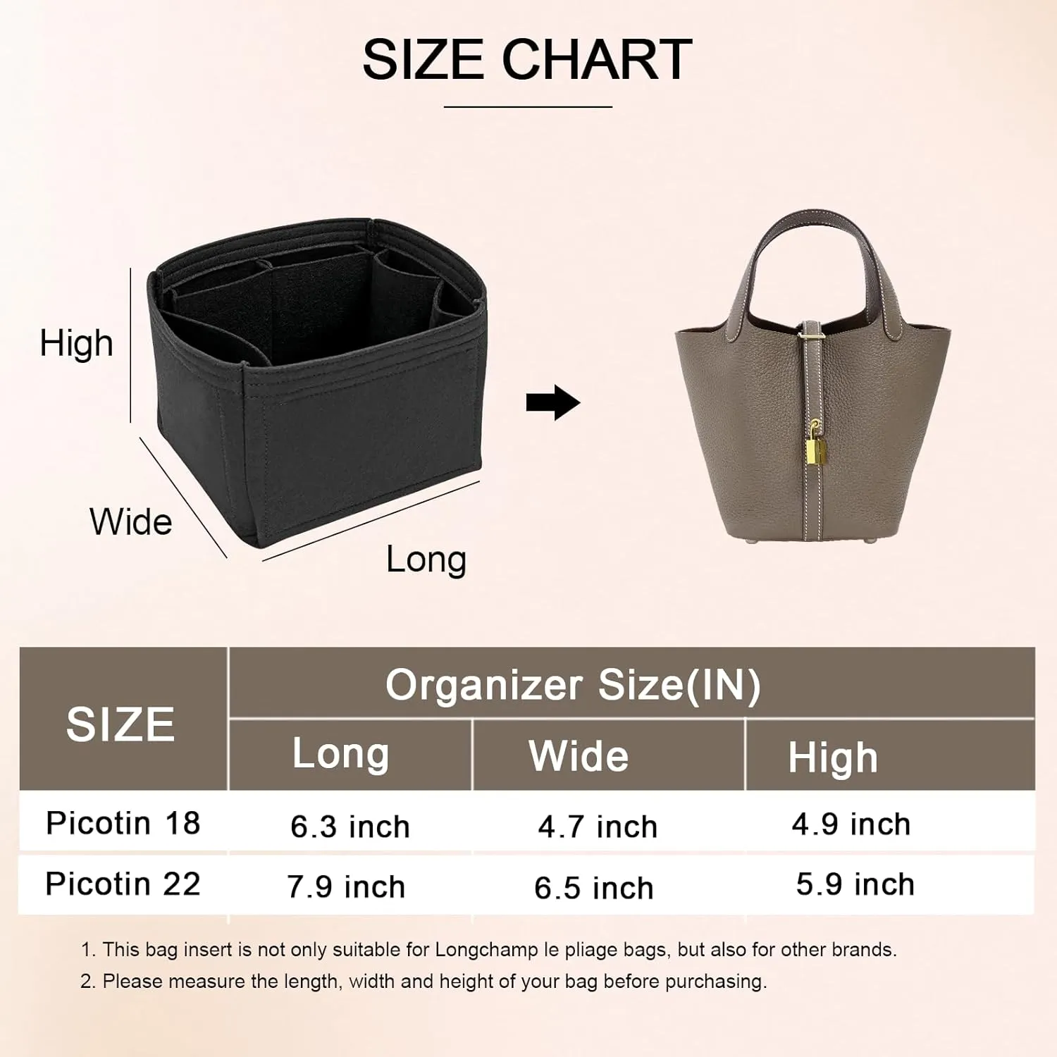 Felt Purse Organizer Inserts for Picotin 18 Inserts HandBag (Black, PC18)