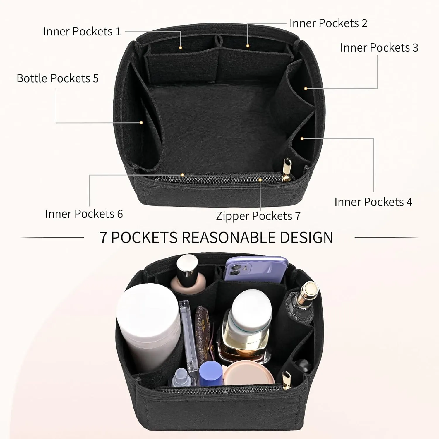 Felt Purse Organizer Inserts for Picotin 18 Inserts HandBag (Black, PC18)
