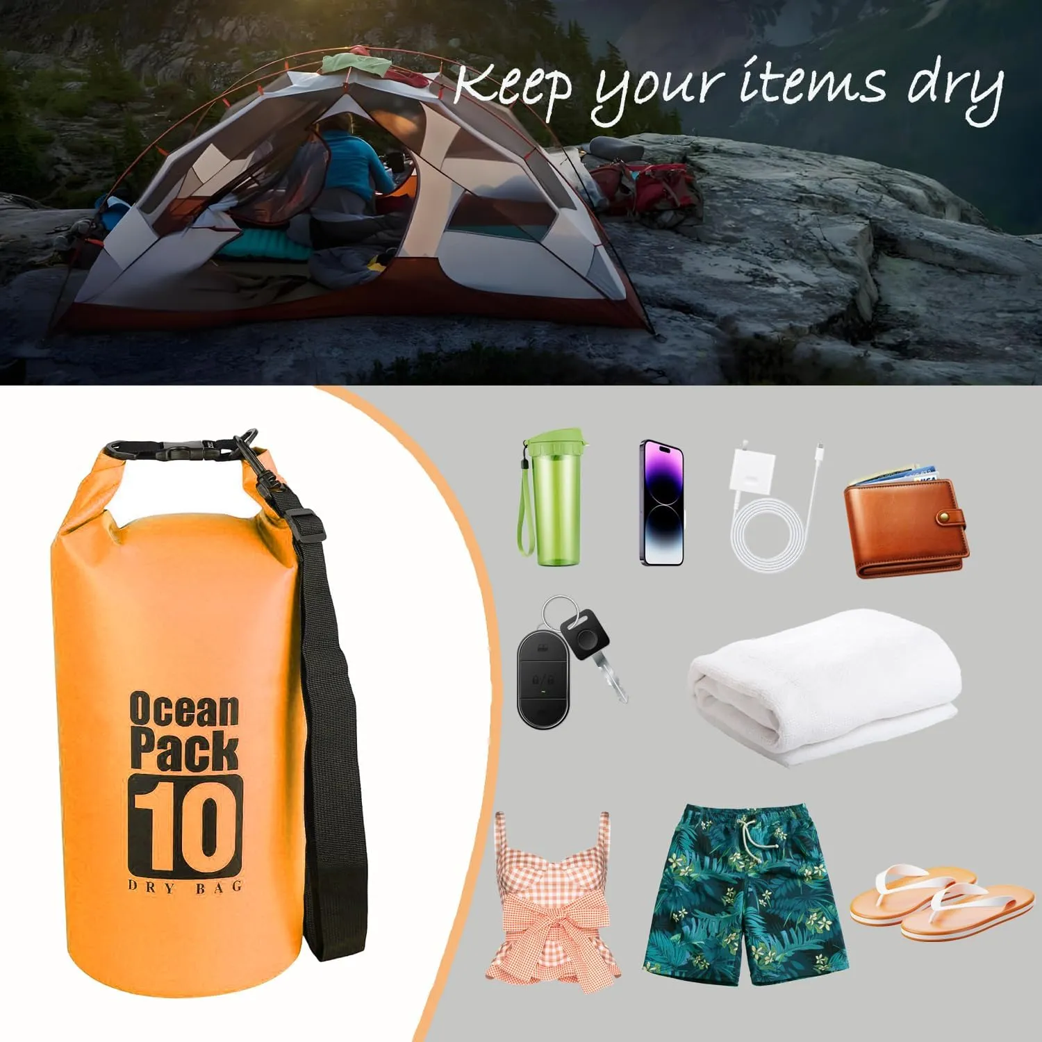 Floating Waterproof Dry Bag Backpack 5L/10L/20L, Roll Top Bag for Kayaking, Rafting, Boating, Swimming, Camping, Hiking, Beach, Fishing, Waterproof Beach Bag. (Orange, 10L)