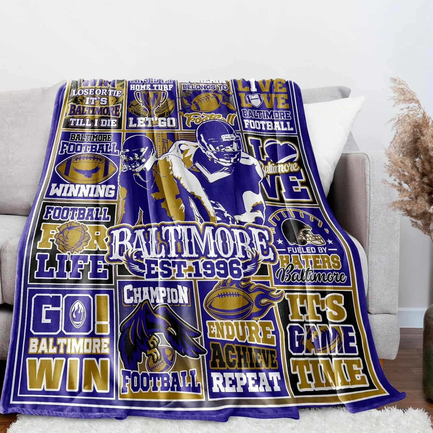 Gifts Football Blanket 60" x 50", City Sports Gifts for Team Fans, Purple Football Stuff for Sports Lovers Bedroom Decor Sofa Couch Bed