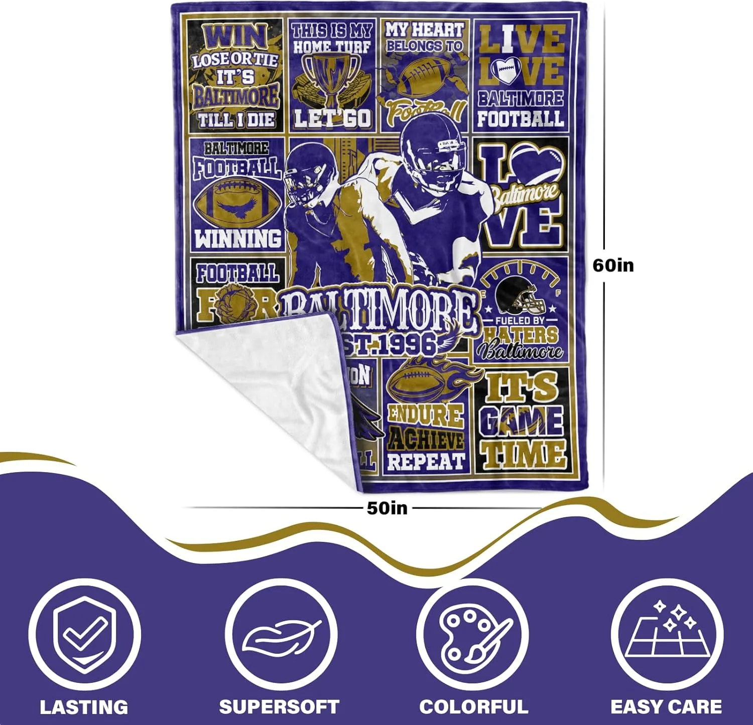 Gifts Football Blanket 60" x 50", City Sports Gifts for Team Fans, Purple Football Stuff for Sports Lovers Bedroom Decor Sofa Couch Bed