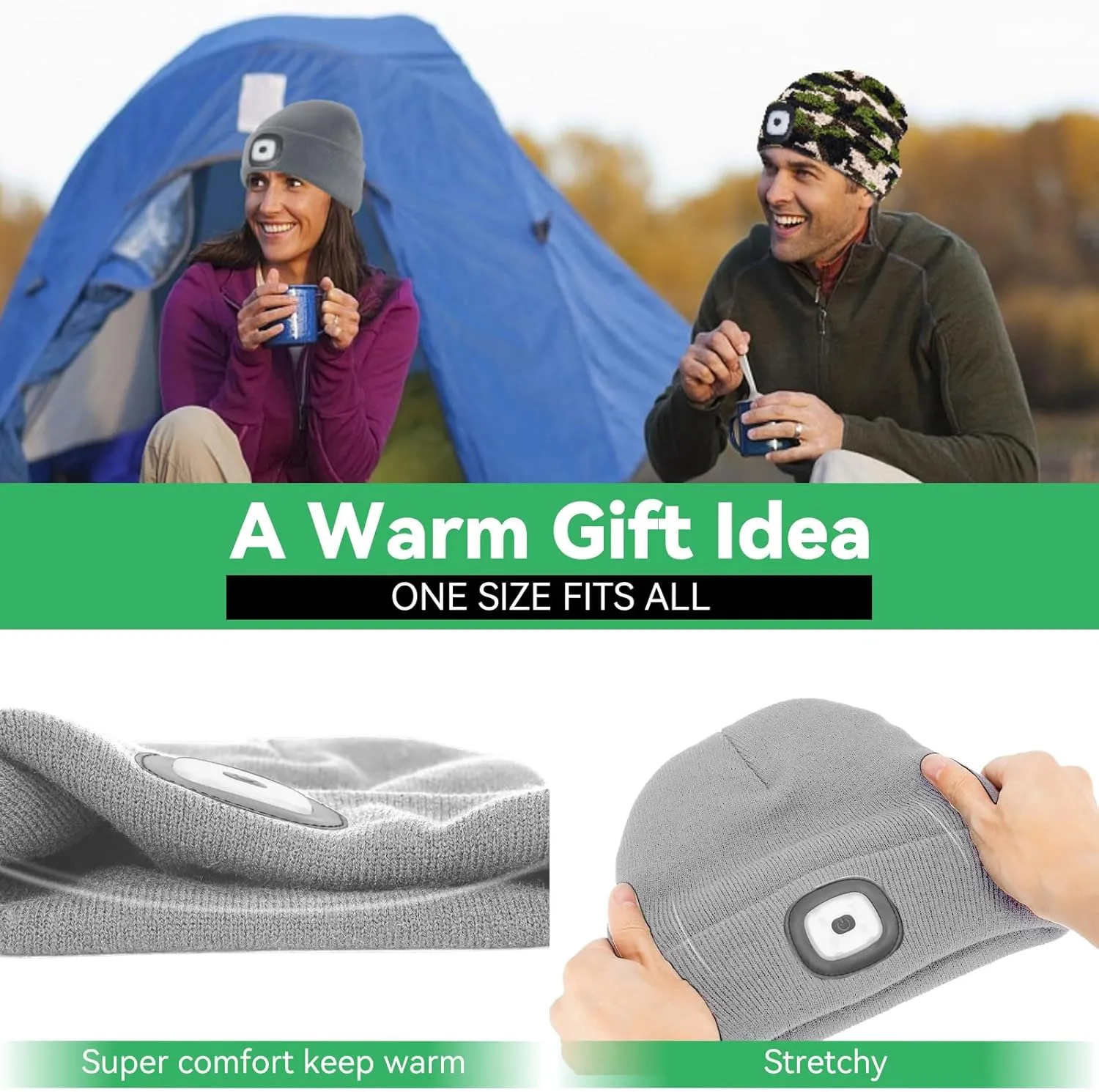 Gifts for Him, USB Rechargeable LED Headlamp Beanie, Birthday Gifts for Men, Cool Gadget Gifts for Women, Gifts for Men, Grey