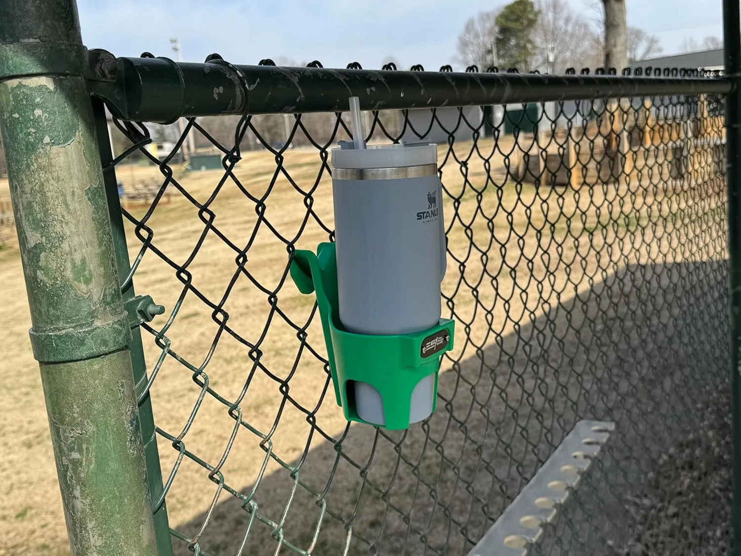 Green Water Bottle Holder for Fence | Cup Holder and Caddy | Holds Stanley, Yeti, Gatorade Products | Baseball and Softball Dugout Organizer, Tennis and Pickleball Courts | Made in USA