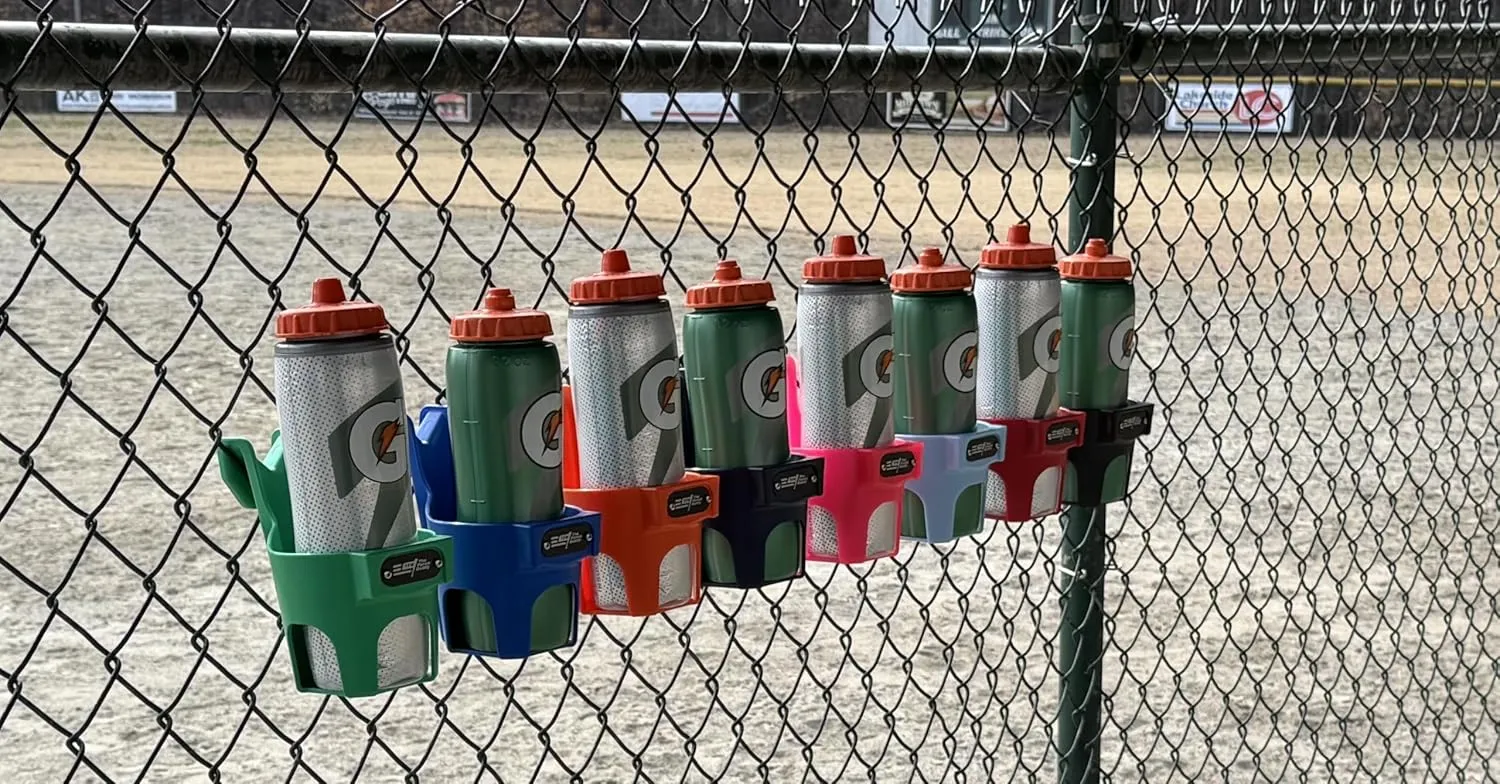Green Water Bottle Holder for Fence | Cup Holder and Caddy | Holds Stanley, Yeti, Gatorade Products | Baseball and Softball Dugout Organizer, Tennis and Pickleball Courts | Made in USA