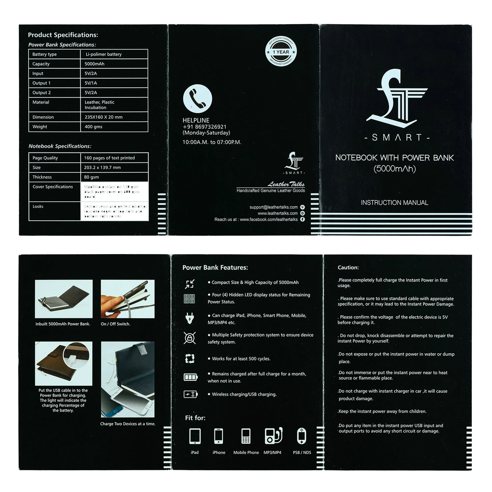 LT Smart Leather Notebook with Power Bank (5000 mAh) | Diary with Power Bank | Color: Crocotail Black