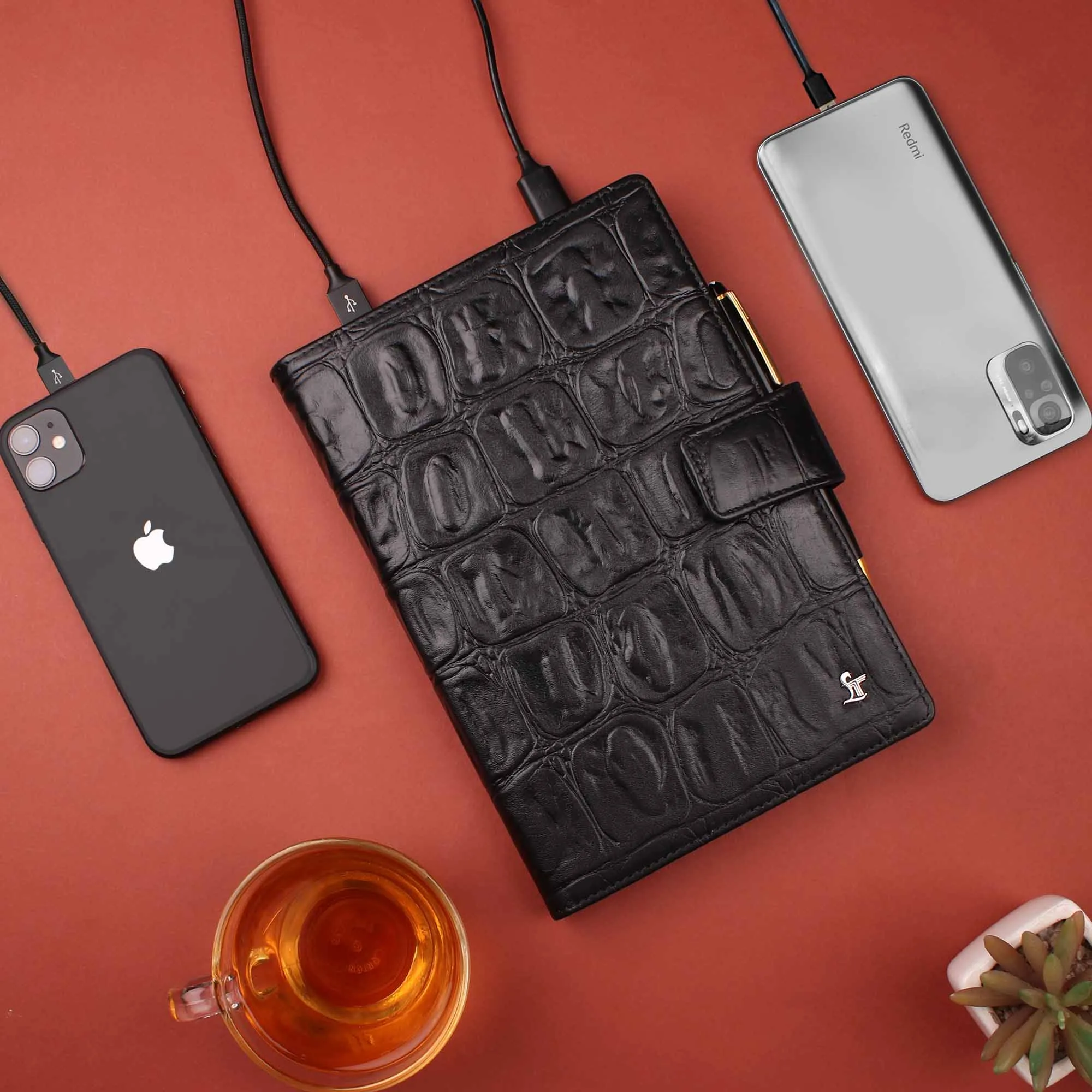 LT Smart Leather Notebook with Power Bank (5000 mAh) | Diary with Power Bank | Color: Crocotail Black