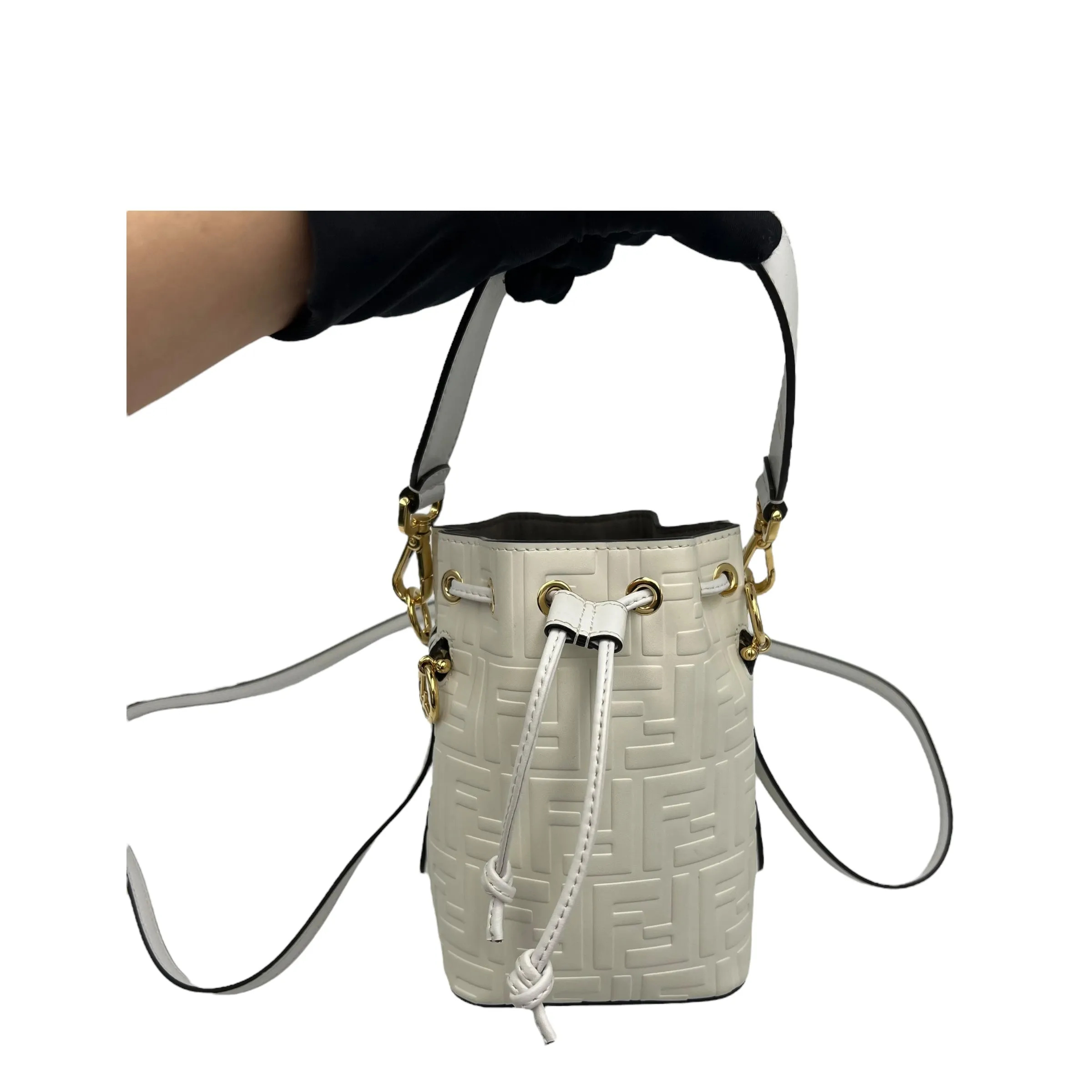 Mon Tresor Mini White Bucket Bag in Calfskin, Gold hardware