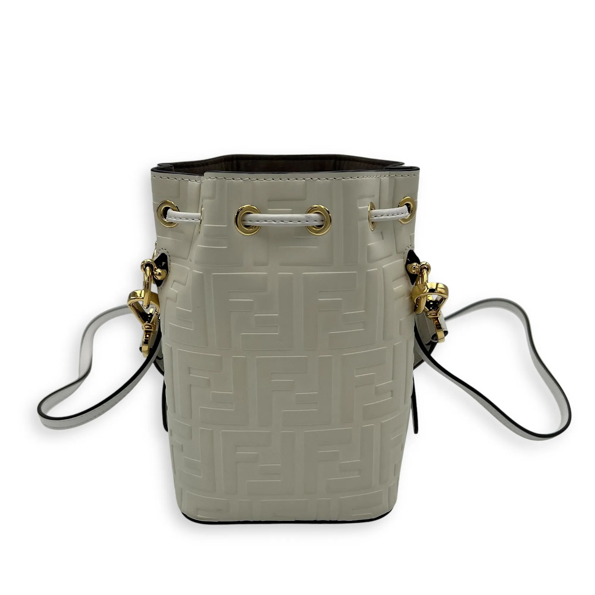 Mon Tresor Mini White Bucket Bag in Calfskin, Gold hardware