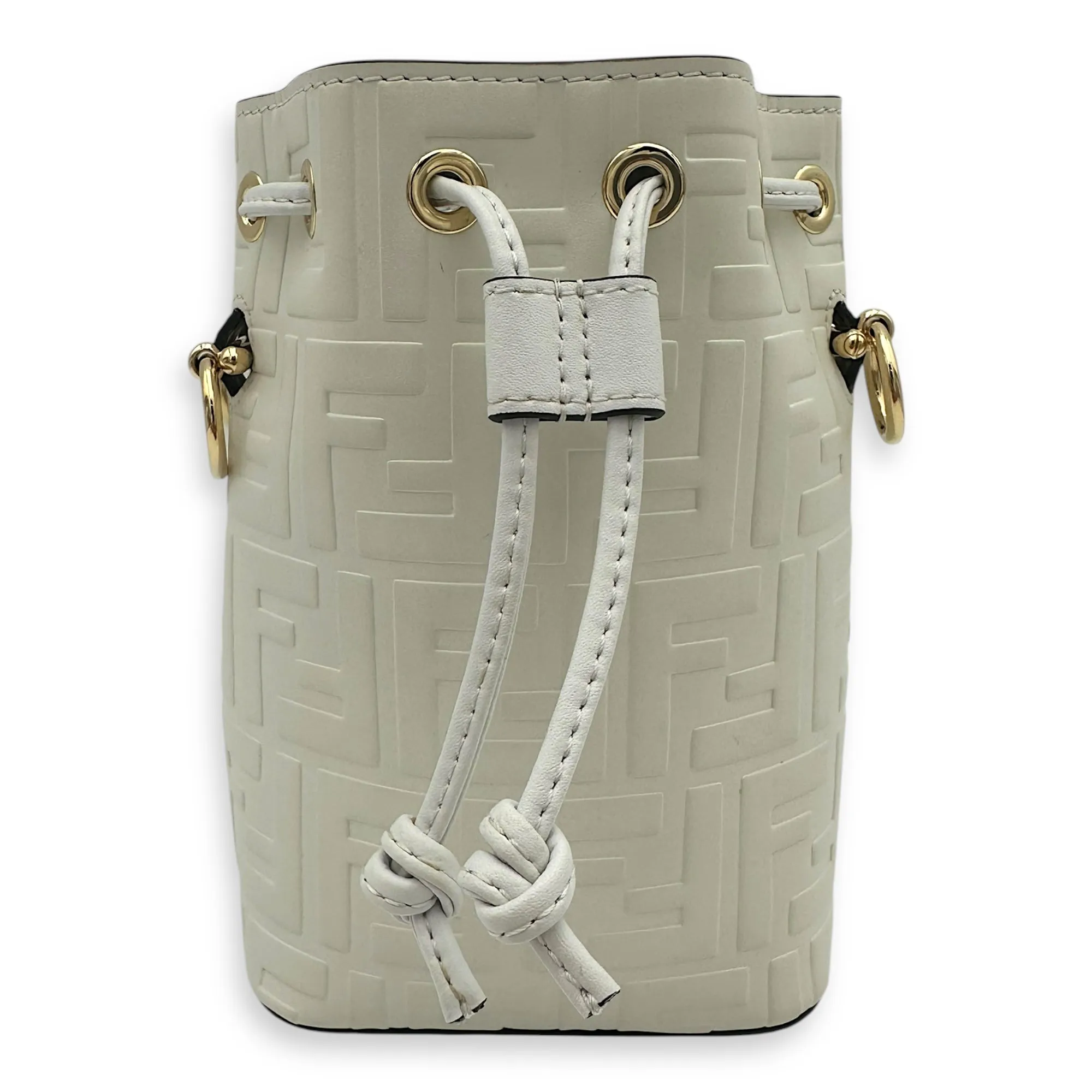 Mon Tresor Mini White Bucket Bag in Calfskin, Gold hardware