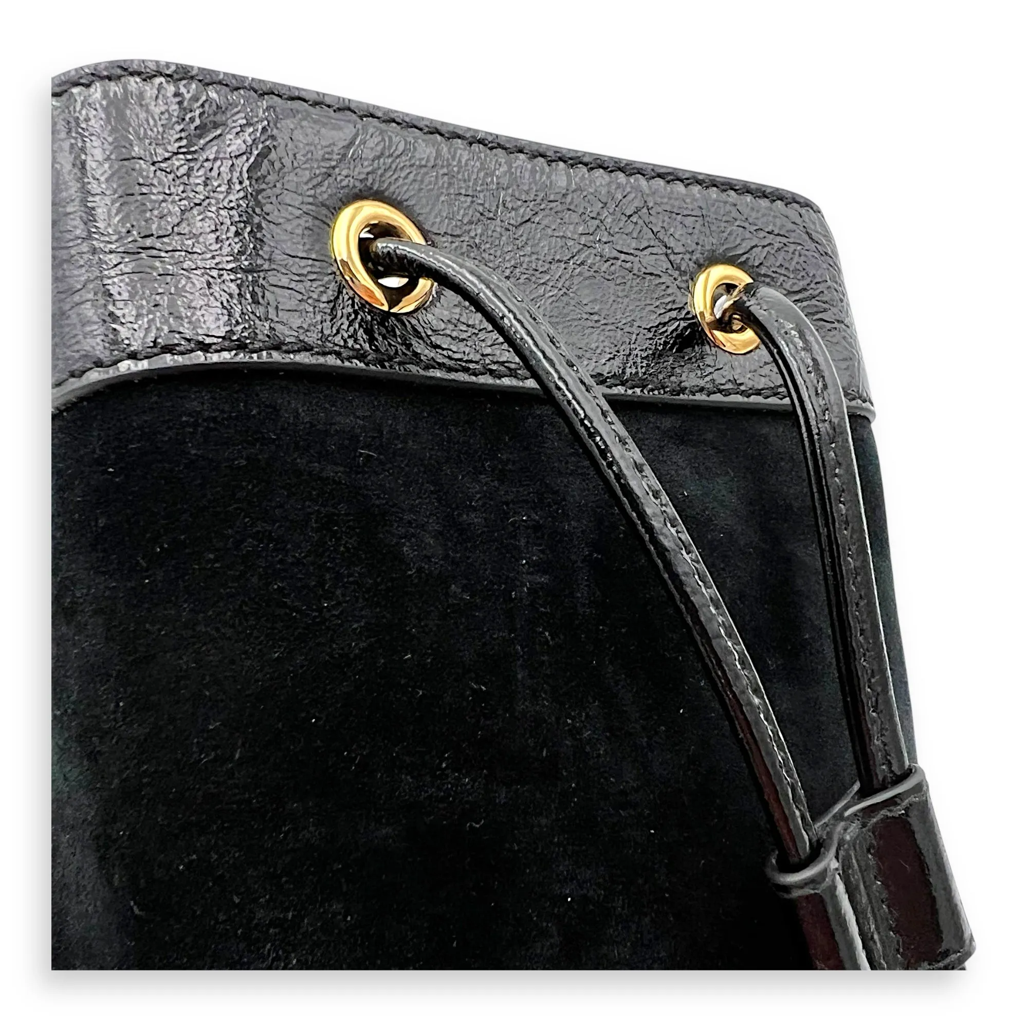 Ophidia Bucket Bag Black in Suede Leather, Gold hardware