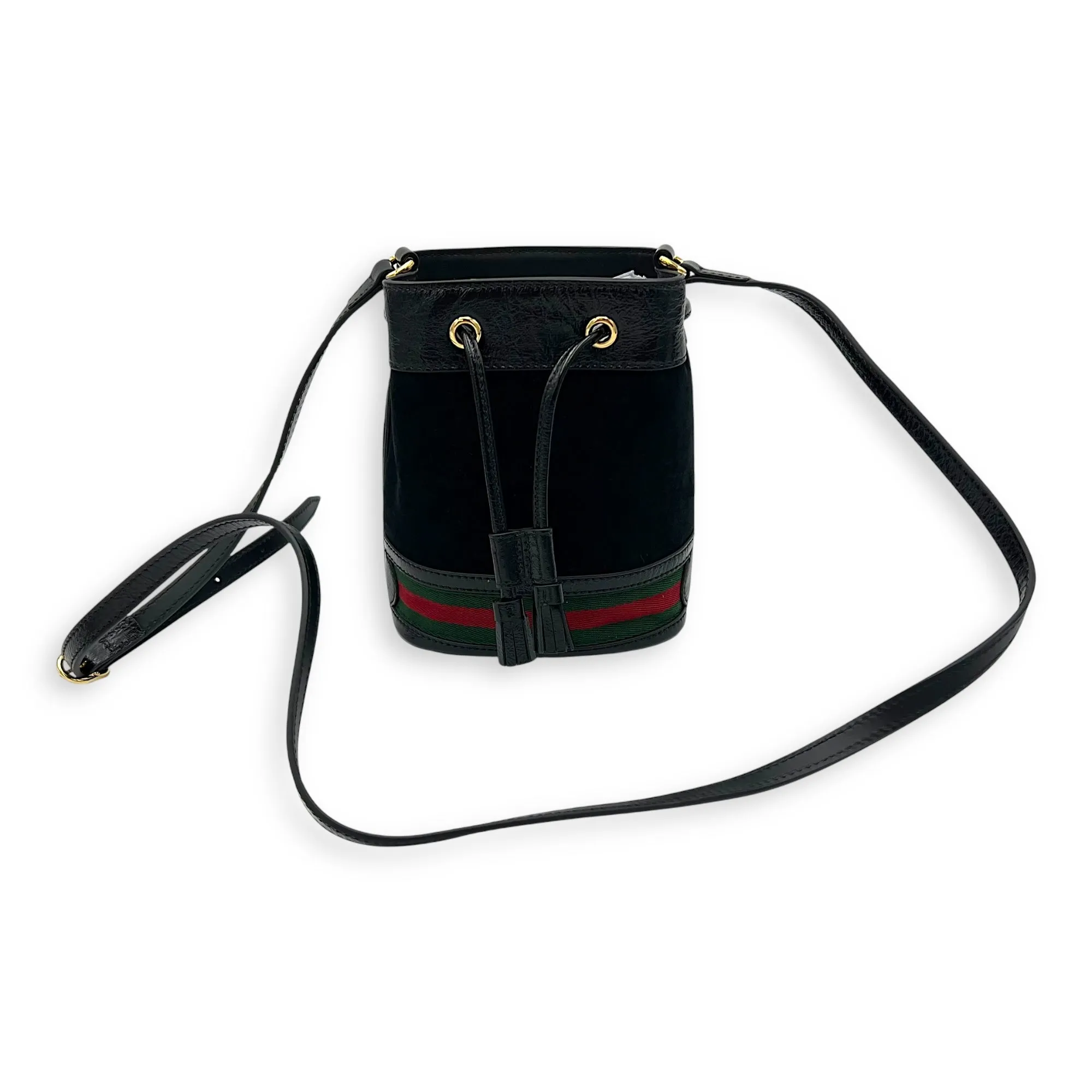 Ophidia Bucket Bag Black in Suede Leather, Gold hardware