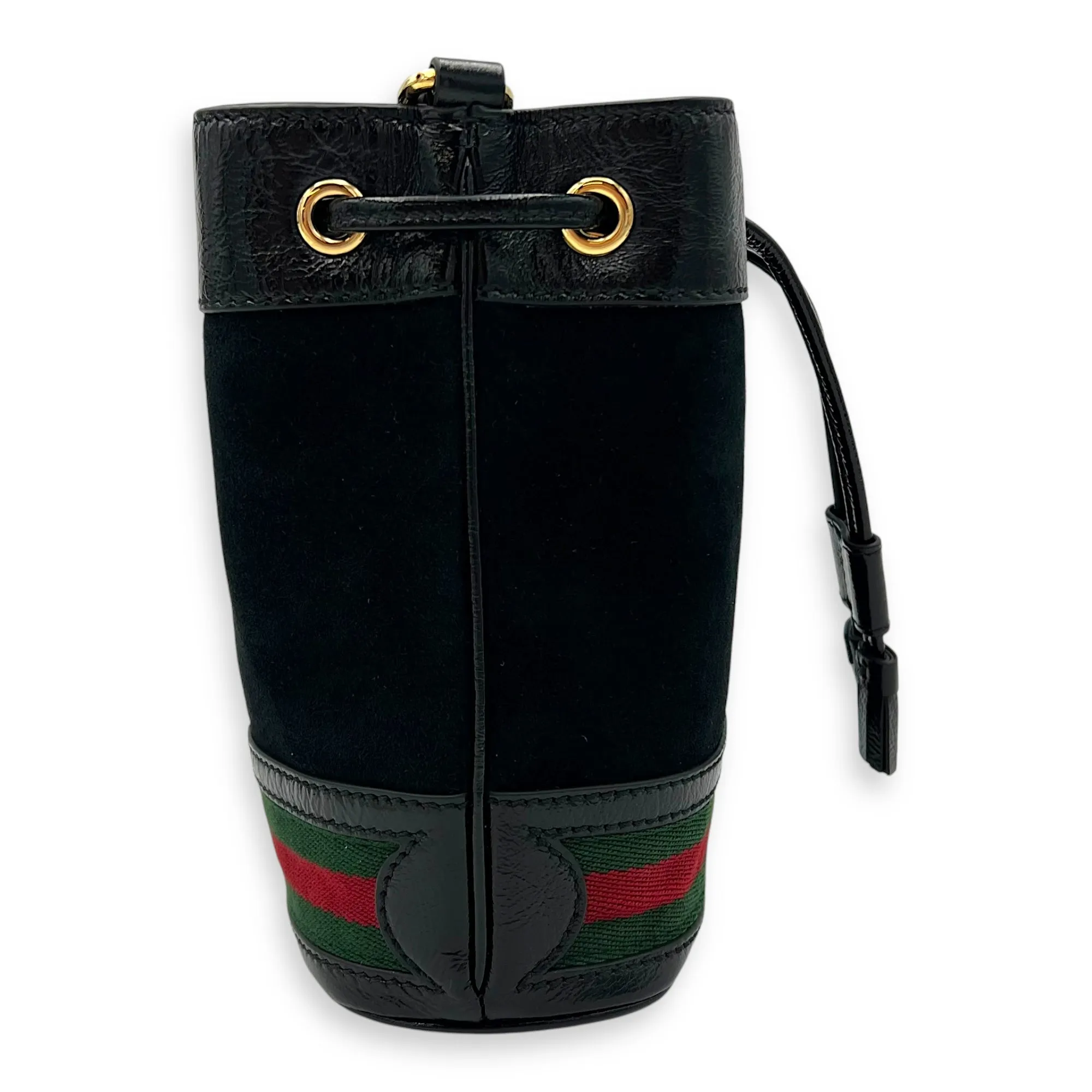 Ophidia Bucket Bag Black in Suede Leather, Gold hardware
