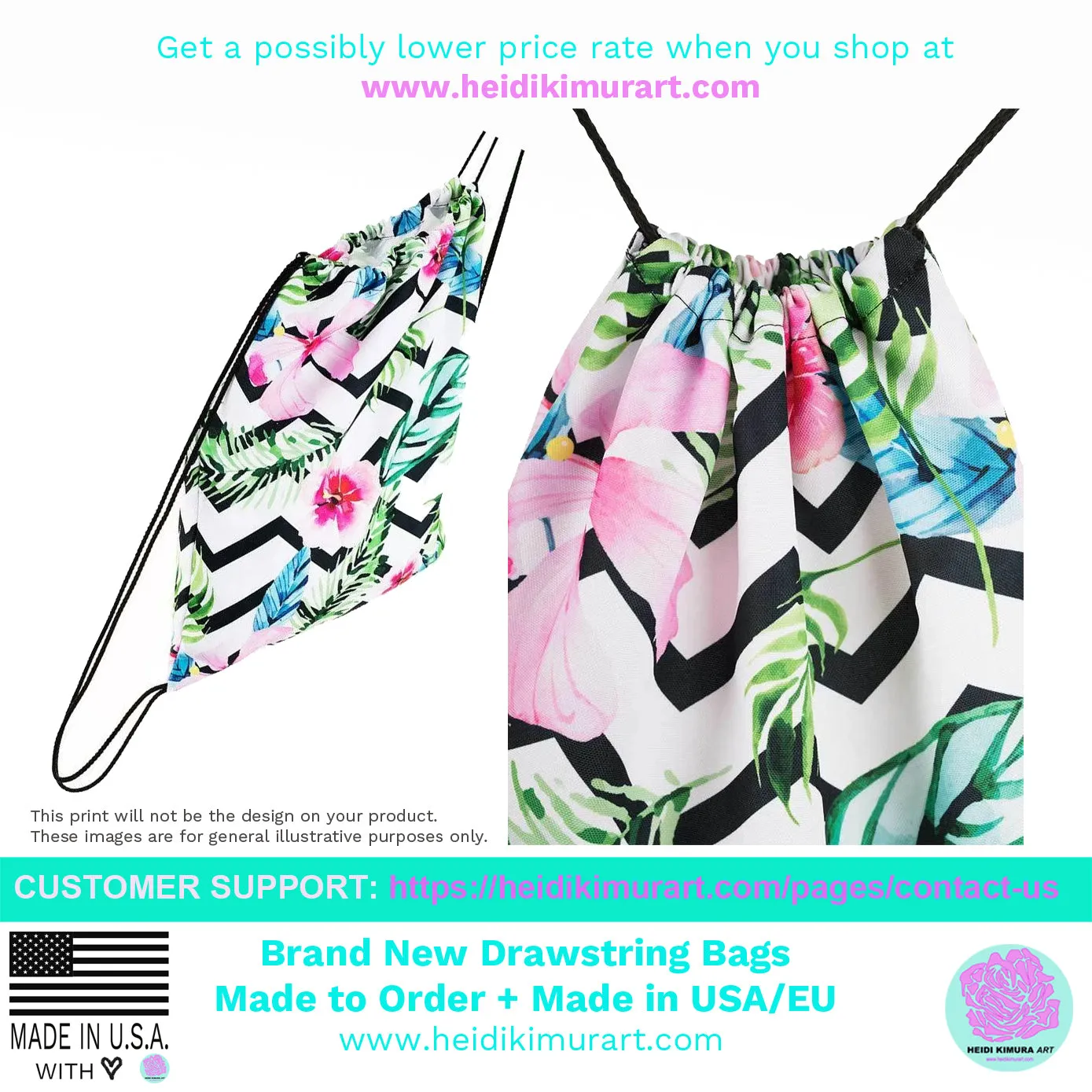 Pink Princess Rose Drawstring Bag, Floral Print 15”x17” Designer Best Drawstring Bag - Made in USA/ Europe