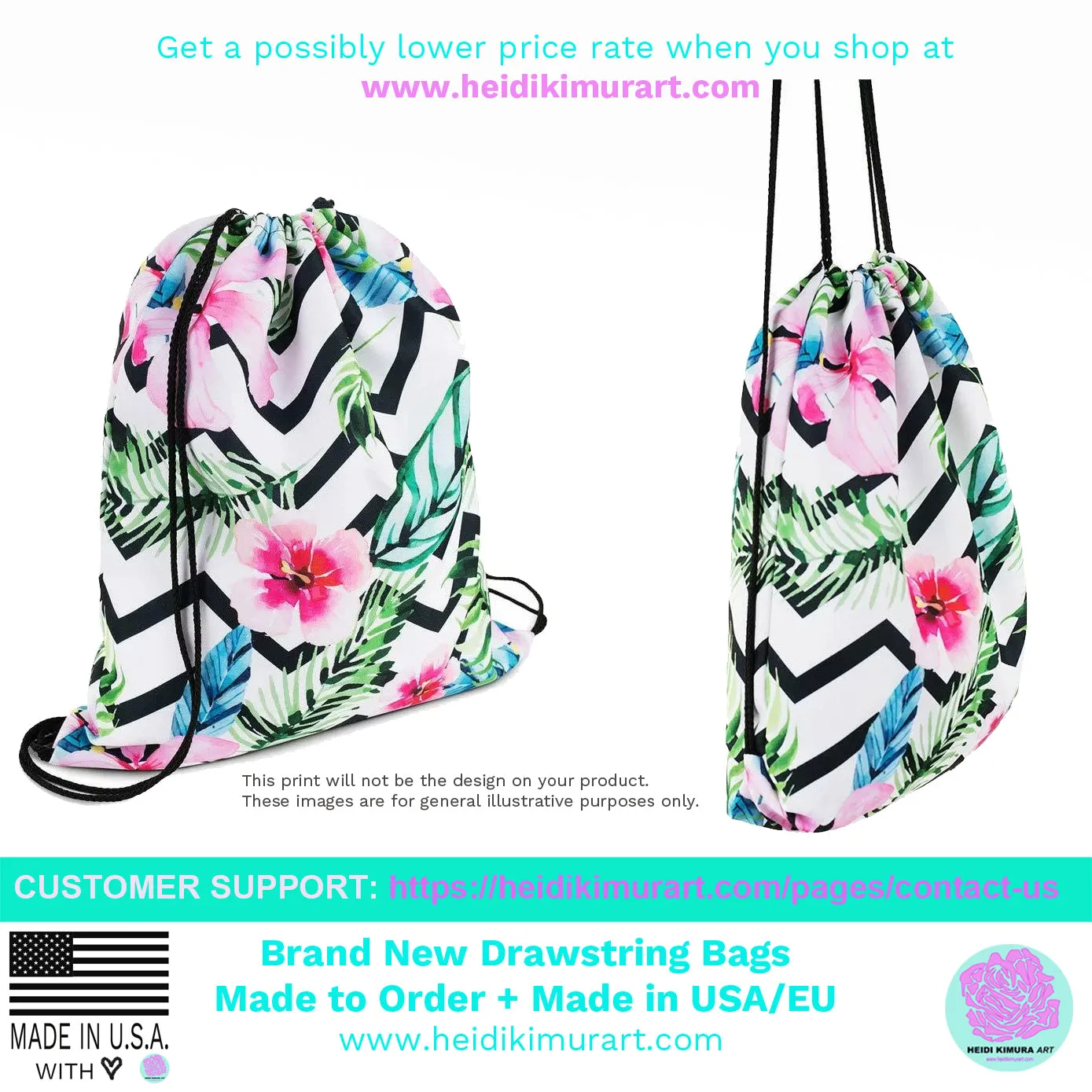 Pink Princess Rose Drawstring Bag, Floral Print 15”x17” Designer Best Drawstring Bag - Made in USA/ Europe