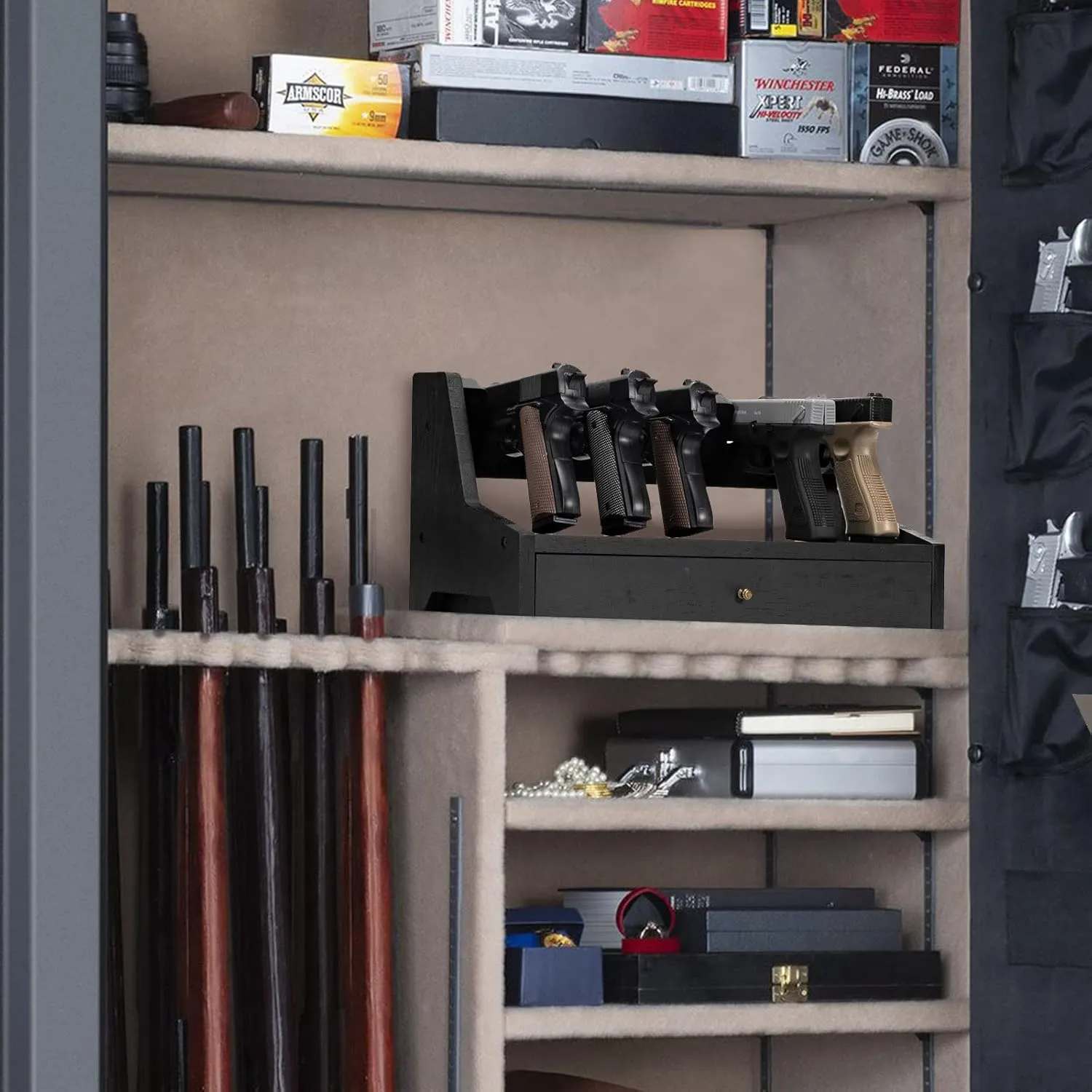 Pistol Rack Gun Safe, Real Wood Handgun Rack Holder for Gun Cabinet Accessories, Rustic Style Gun Rack Organizer for Nightstand, Gifts for Men