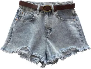 Refined Raw Edge Pure Color Denim for Women Chic Big Hem High Waisted Loose Fit Shorts with Pockets Outside Walking