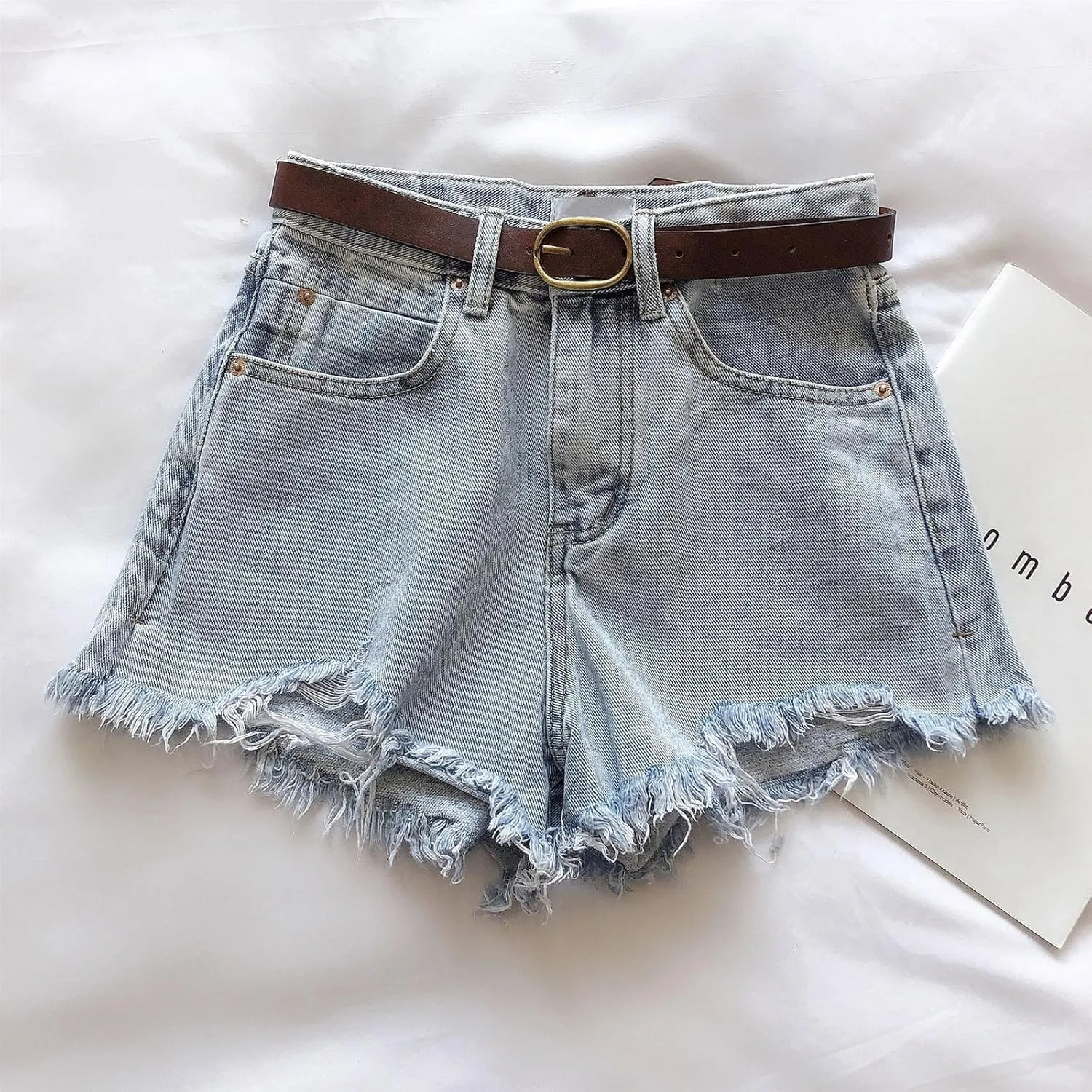 Refined Raw Edge Pure Color Denim for Women Chic Big Hem High Waisted Loose Fit Shorts with Pockets Outside Walking
