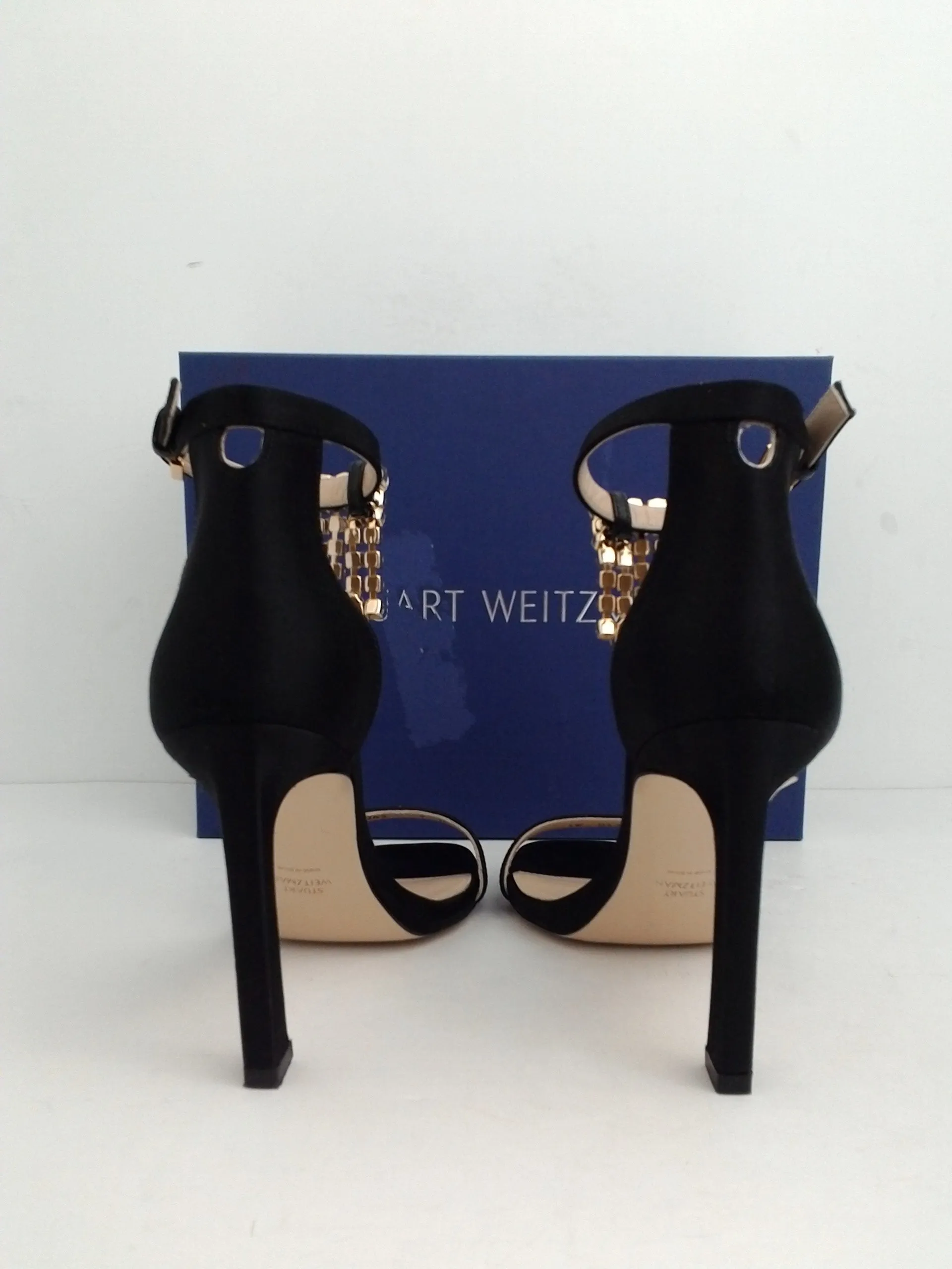 Stuart Weitzman Women's 100 Fringe Square Nudis Black Size 7 M
