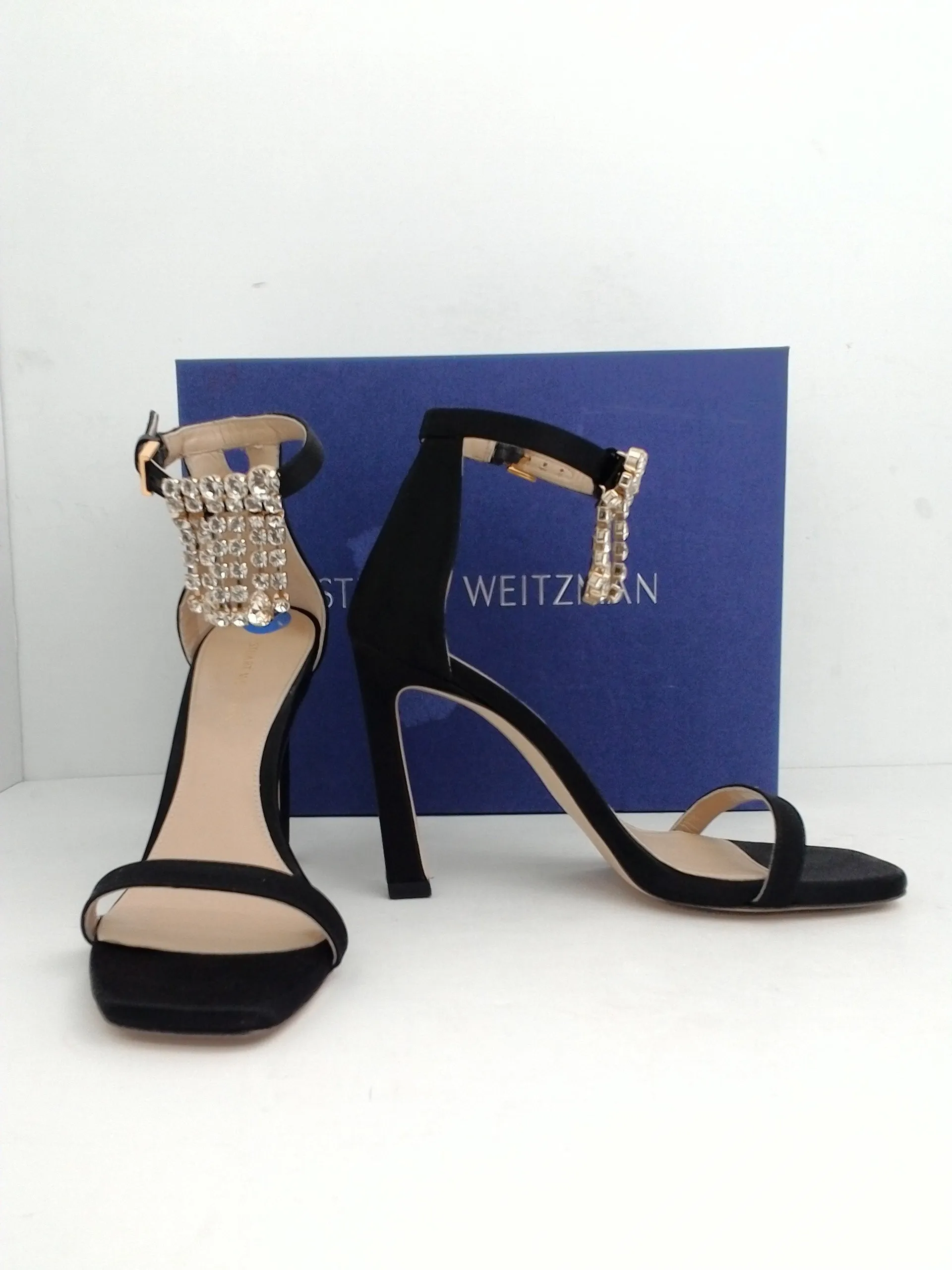 Stuart Weitzman Women's 100 Fringe Square Nudis Black Size 7 M