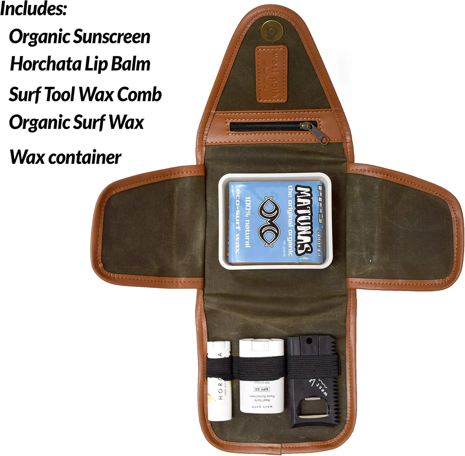 Surfer Gift, Surf Kit | Wax Holder Container with Surf Wax, Organic Reef Safe Sunscreen Face Stick, Horchata Lip Balm, Wax Scraper with Fin Key | Surf Accessory