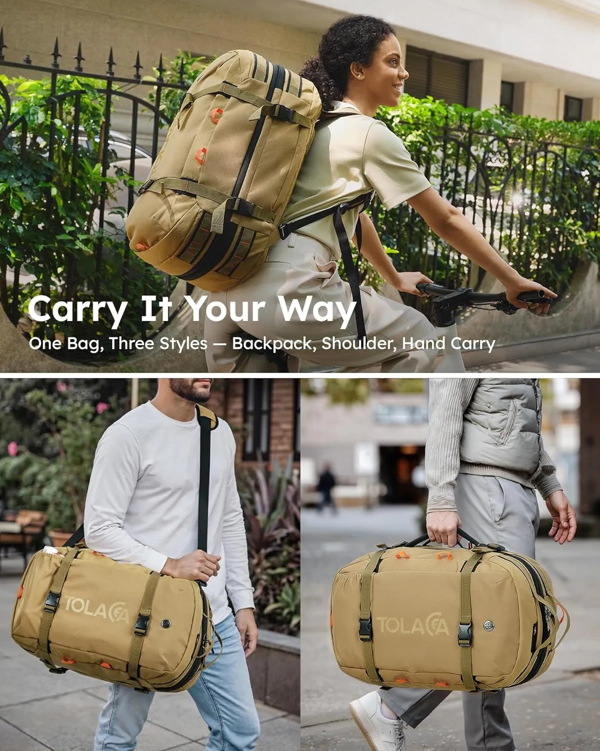 Tolaccea Travel Laptop Backpack, Large Carry on Backpack Flight Approved Convertible Duffle Luggage Bag Daypack Work Business Rucksack Fits 16" Laptop for Men Women 3 Carrying Ways, 40L-50L Expandable