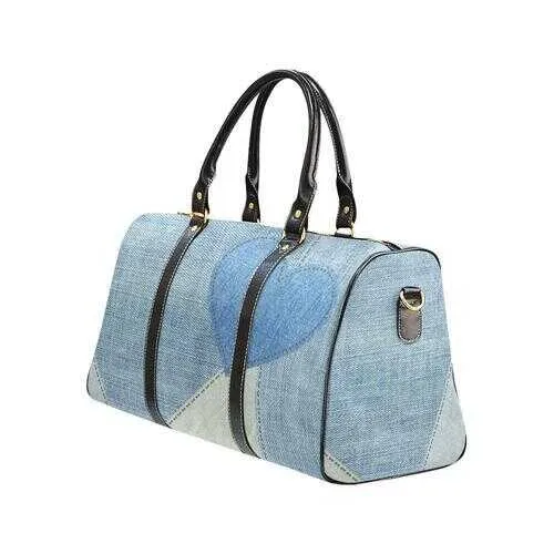 Travel Bags, Blue Denim Heart Style Adjustable Black Handle Zip Close Bag