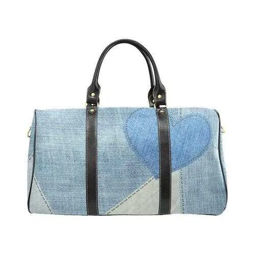 Travel Bags, Blue Denim Heart Style Adjustable Black Handle Zip Close Bag