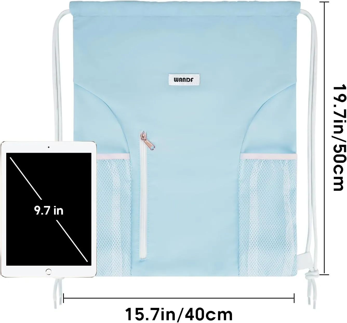 WANDF Drawstring Backpack Sports Gym Sackpack with Mesh Pockets Water Resistant String Bag for Women Men(Light Blue)