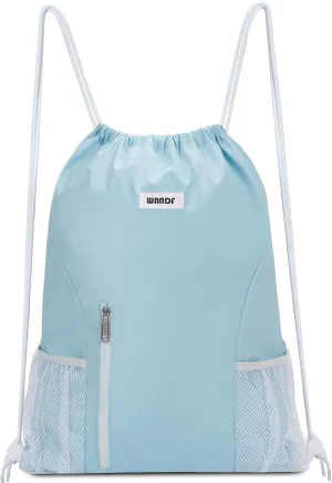 WANDF Drawstring Backpack Sports Gym Sackpack with Mesh Pockets Water Resistant String Bag for Women Men(Light Blue)