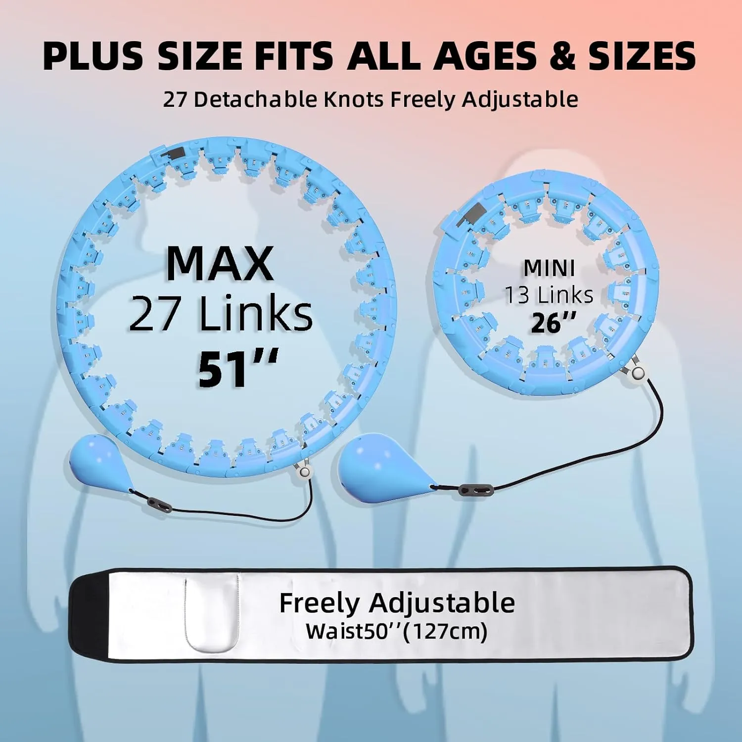 Weighted Hula Circle for Adults Weight Loss, Infinity Fitness Hoop Plus Size 51 Inch with Sweat Belt, Include 27 Detachable Links and Waist Trainer for Women
