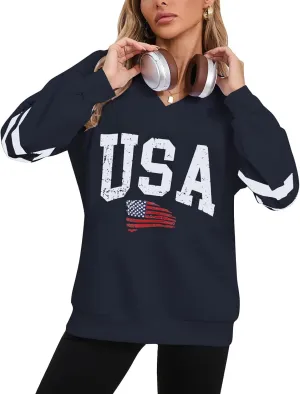 Women's Long Sleeve V Neck Colorblock Sweatshirts Loose Casual Patriotic flag Pullover Shirt
