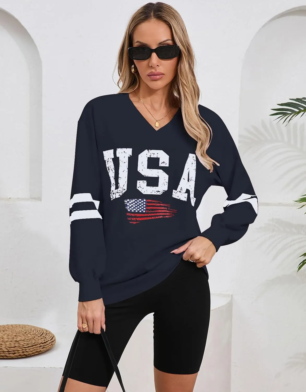 Women's Long Sleeve V Neck Colorblock Sweatshirts Loose Casual Patriotic flag Pullover Shirt