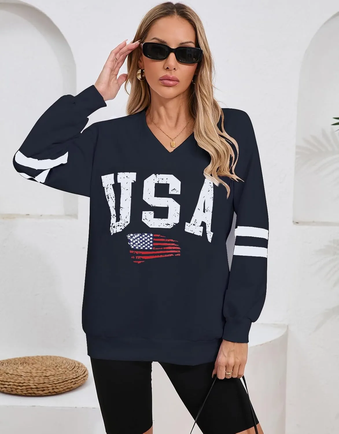 Women's Long Sleeve V Neck Colorblock Sweatshirts Loose Casual Patriotic flag Pullover Shirt